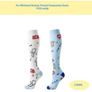 Unisex 15-20 mmHg Compression Socks L/XL Knee High Medical Whimsical 2 Pack NEW